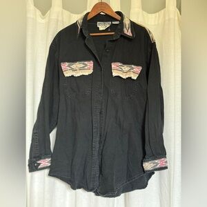 Vtg 90s Bonjour Patches of Silk Southwestern Black Denim Shirt L